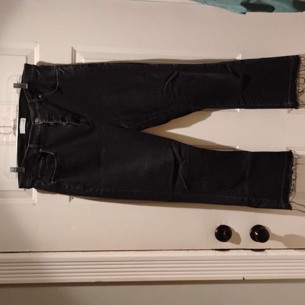 Loft size 14 black button up front black wash denim freyed hem embellishment